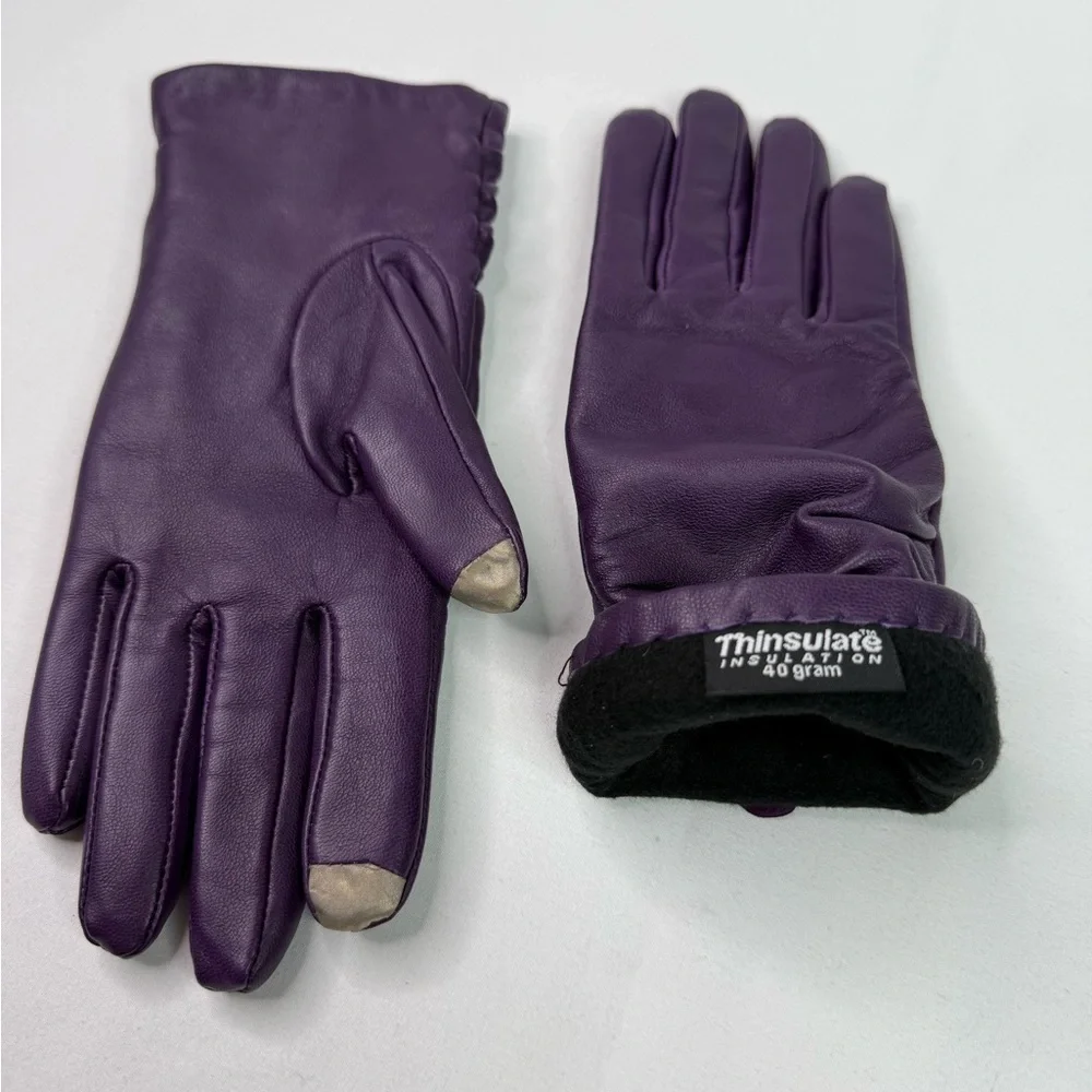 Leather Winter Thinsulate Lined Purple Gloves Ruched Back Size Medium